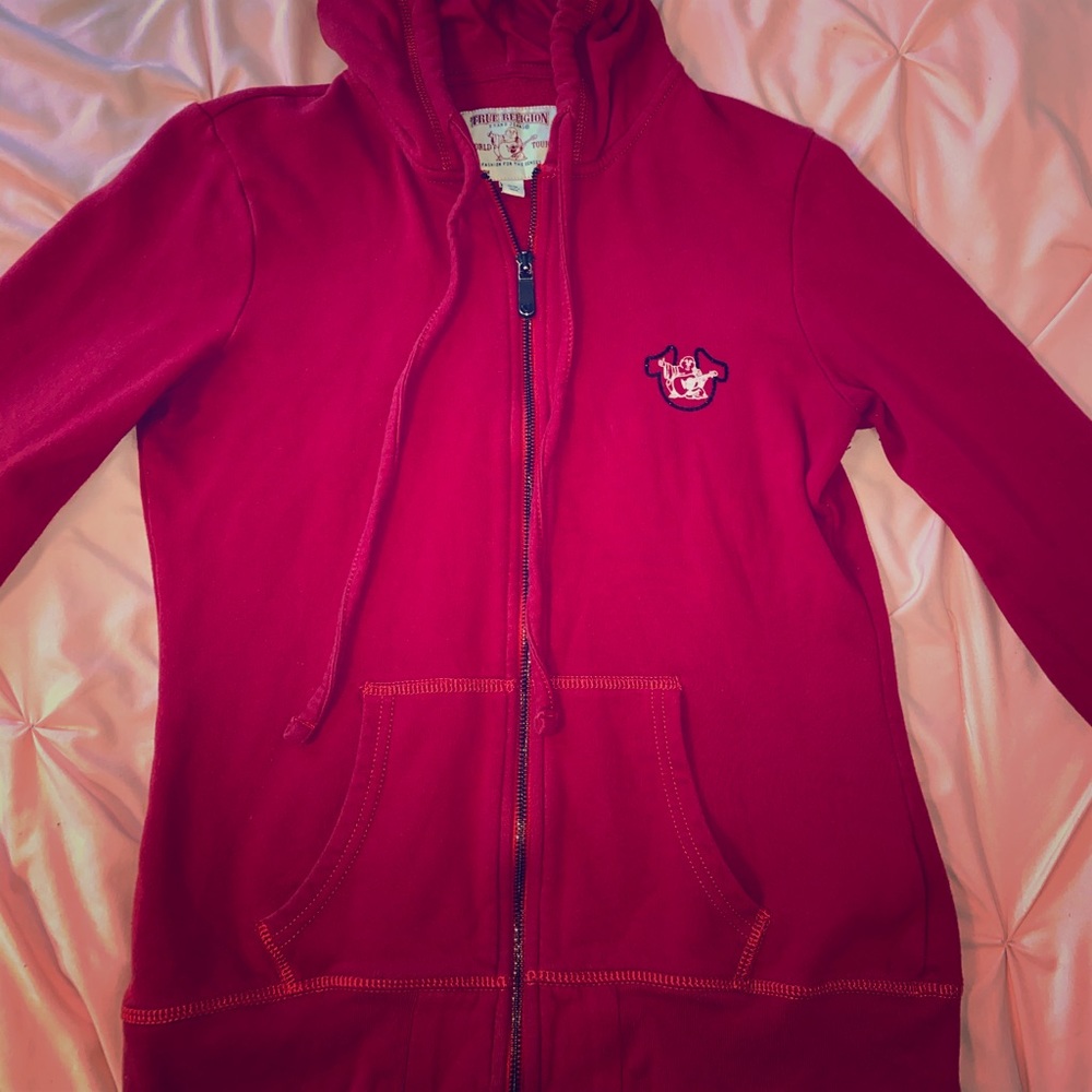 AUTHENTIC TRUE RELIGION WOMENS ZIP UP RED HOODIE